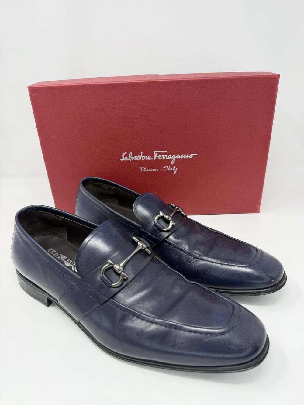 Salvatore Ferragamo Gancini Navy Blue Leather Bit Loafers Men's 9 D Made Italy